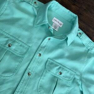 John Blair Leisure Shirt Mens M Green Polyester Safari Epaulets Pockets Vintage‎